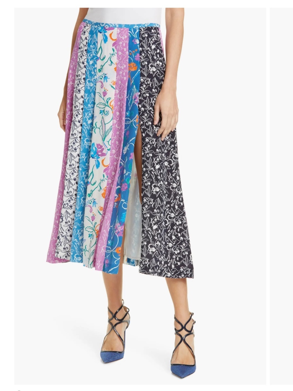 TANYA TAYLOR Flavia Silk Midi Skirt Multi-Striped Floral Side Slit Sz 4 NWT